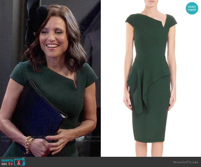 Roland Mouret Asymmetric-Neck Cap-Sleeve Peplum Dress worn by Selina Meyer (Julia Louis-Dreyfus) on Veep