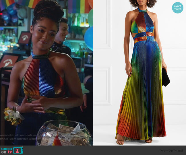 Rosie Assoulin Cutout pleated silk-blend lamé halterneck gown worn by Kat Edison (Aisha Dee) on The Bold Type