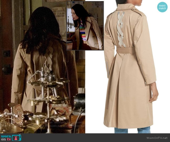Sandro Emastic Laced Back Trench Coat worn by Mona Vanderwaal (Janel Parrish) on Pretty Little Liars The Perfectionists