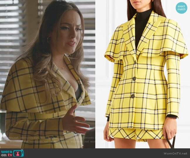 Sara Battaglia Cape-Effect Checked Wool Blazer worn by Fallon Carrington (Elizabeth Gillies) on Dynasty