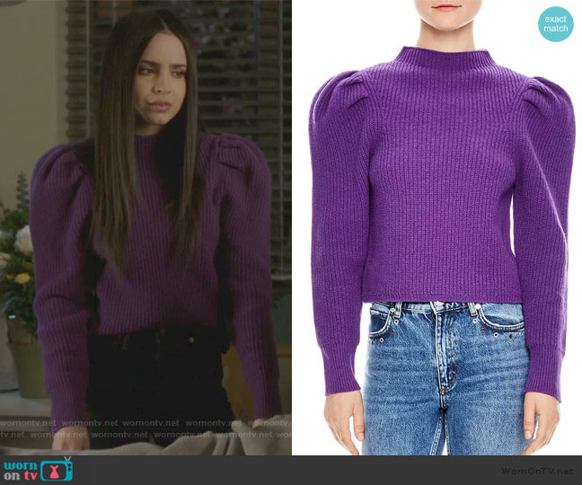 Sandro Hibou Ribbed Oversize-Shoulder Wool Sweater worn by Ava Jalali (Sofia Carson) on Pretty Little Liars The Perfectionists