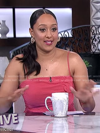 Tamera’s red ruffle front dress on The Real