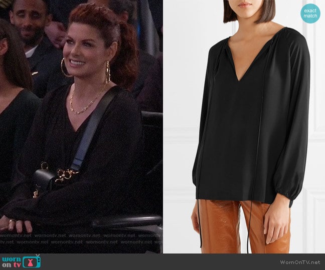 Theory Gathered silk-chiffon blouse worn by Grace Adler (Debra Messing) on Will and Grace