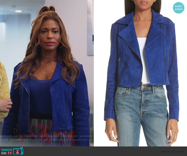 Theory Sanda L Lamb Suede Moto Jacket worn by Poppy (Kimrie Lewis) on Single Parents