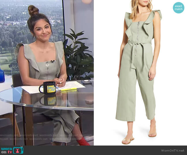 Tinsel Ruffle Strap Belted Jumpsuit worn by Erin Lim on E! News