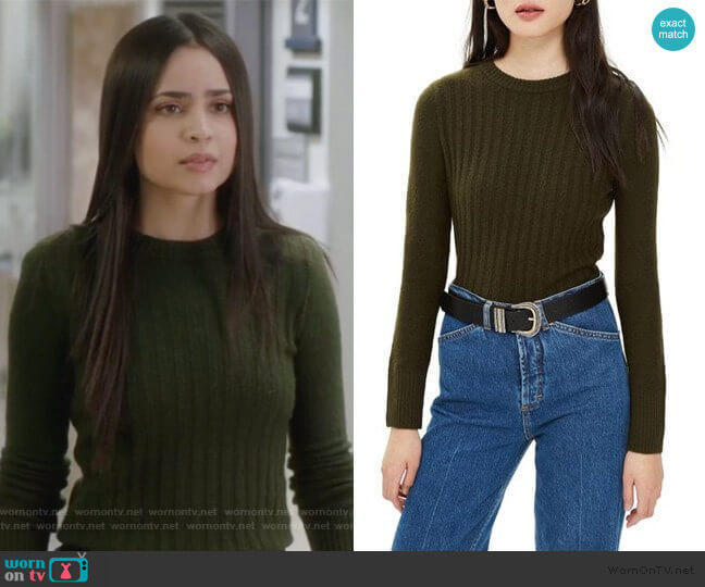 Topshop Rib Sweater in Olive worn by Ava Jalali (Sofia Carson) on Pretty Little Liars The Perfectionists