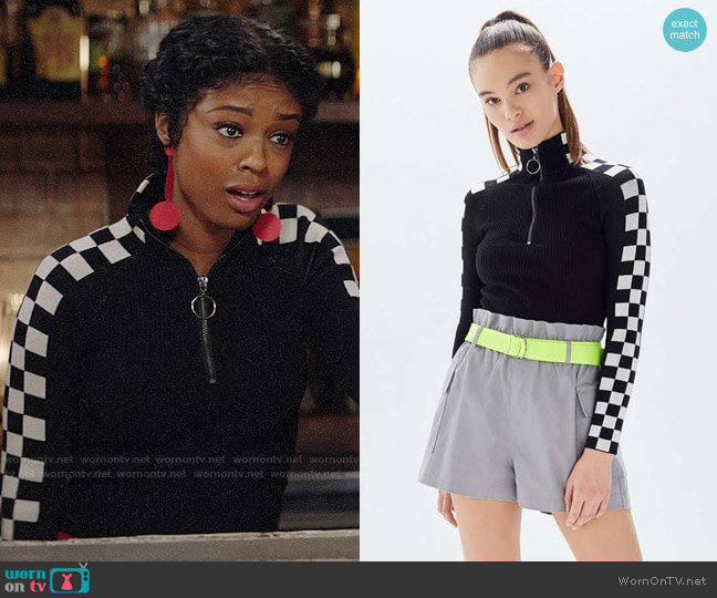Urban Outfitters Checkered Half-Zip Cropped Sweater worn by Ali Finer (Javicia Leslie) on God Friended Me