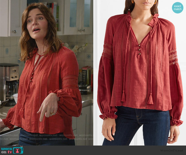 Veronica Beard Kalina Long-Sleeve Peasant Top worn by Heather Hughes (Betsy Brandt) on Life in Pieces
