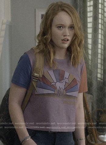 Abby’s purple horse graphic tee on Santa Clarita Diet