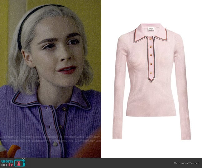 Acne Studios Contrast-trim long-sleeved Polo worn by Sabrina Spellman (Kiernan Shipka) on Chilling Adventures of Sabrina