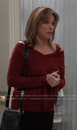 Alexis’s red cold-shoulder tie-cuff sweater on General Hospital