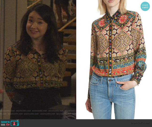 Alice + Olivia Patchwork Print Silk Shirt worn by Marissa Gold (Sarah Steele) on The Good Fight