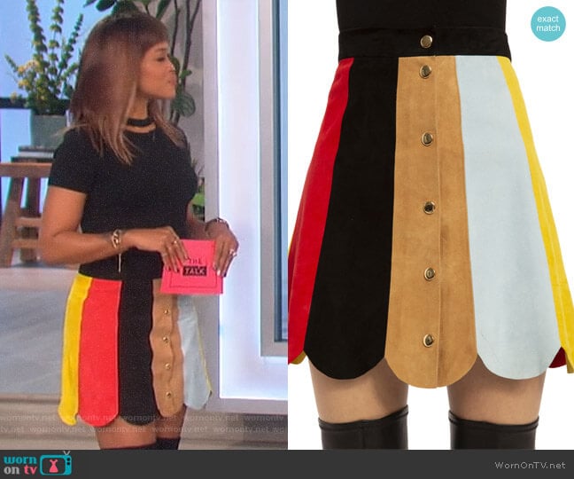 Alice + Olivia Rudie Suede Skirt worn by Eve on The Talk