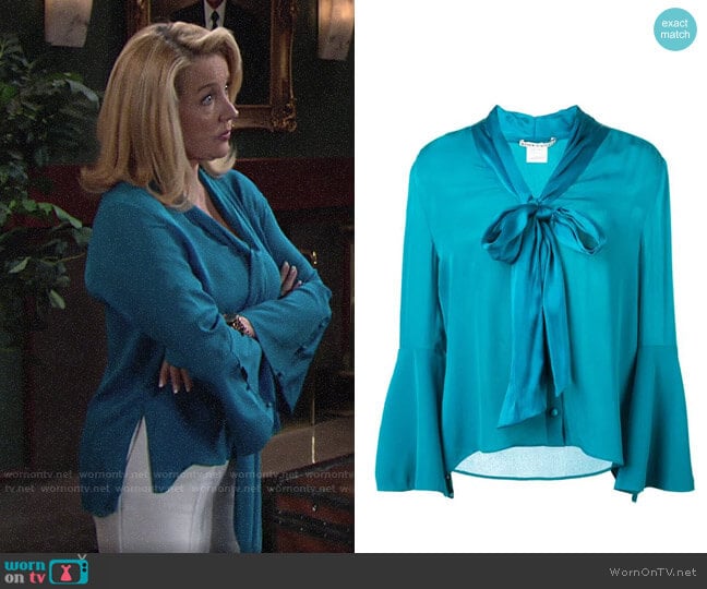 Alice + Olivia Merideth Blouse in Teal worn by Nikki Reed Newman (Melody Thomas-Scott) on The Young and the Restless