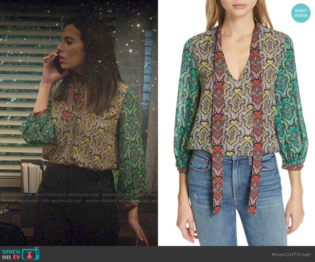 Alice + Olivia Sheila Top in Crest Tile Black / Sun worn by Tessa (Chloe Bridges) on Charmed
