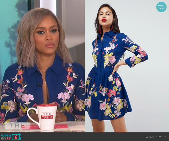 Asos Premium Embroidered Button Through Shirt Skater Mini Dress worn by Eve on The Talk