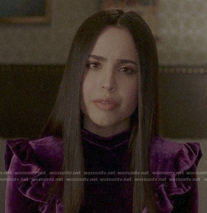 Ava’s purple velvet dress with ruffles on Pretty Little Liars The Perfectionists