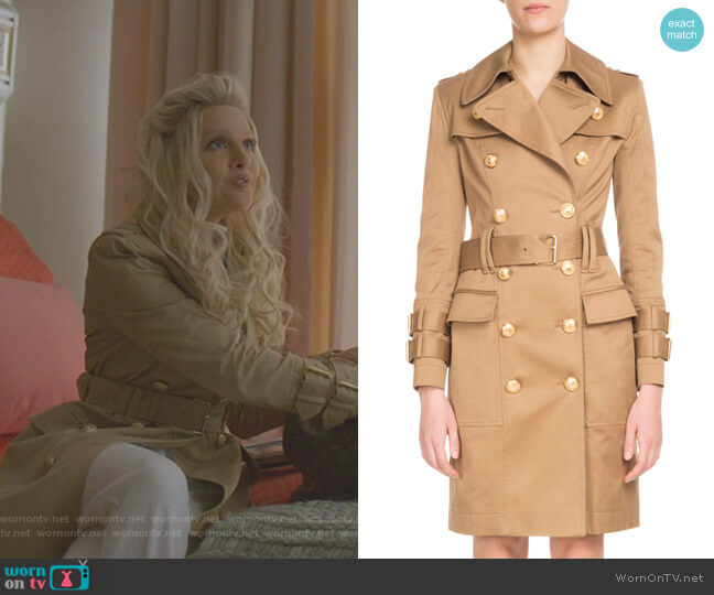 Balmain Double-Breasted Golden-Button Belted Trench Coat worn by Alexis Carrington (Elaine Hendrix) on Dynasty