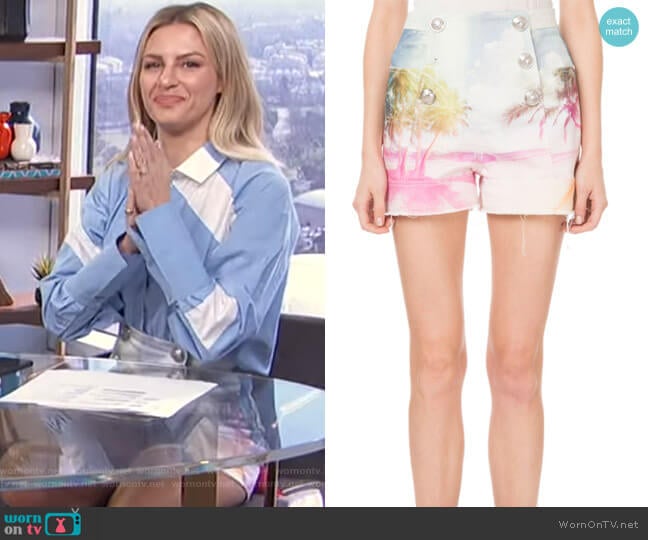 Balmain High-Waist 6-Button Palm-Print Shorts worn by Morgan Stewart on E! News