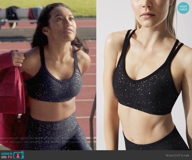 Beyond Yoga Double Back Alloy Speckled Bra worn by Caitlin Martell-Lewis (Sydney Park) on Pretty Little Liars The Perfectionists