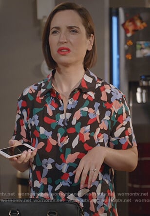 Jen’s black floral print dress on Life in Pieces