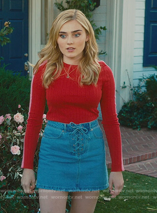 Taylor’s red sweater and denim skirt on American Housewife