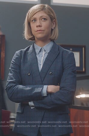Kate’s blue plaid blazer and contrast blouse on For the People