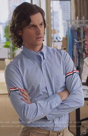 Patrick’s blue stripe sleeve shirt on The Bold Type