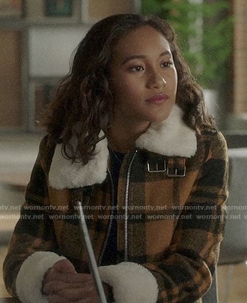Caitlin’s yellow plaid fleece trim jacket on Pretty Little Liars The Perfectionists