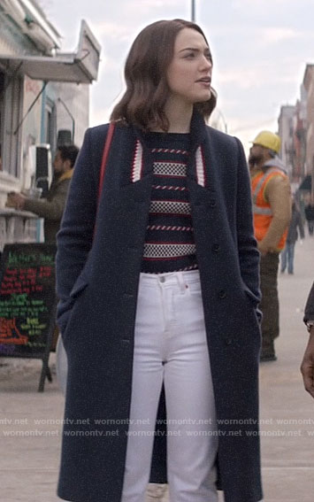 Cara’s navy coat with striped ribbed collar on God Friended Me