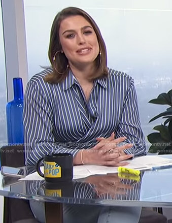 Carissa’s blue striped wrap top on E! News Daily Pop
