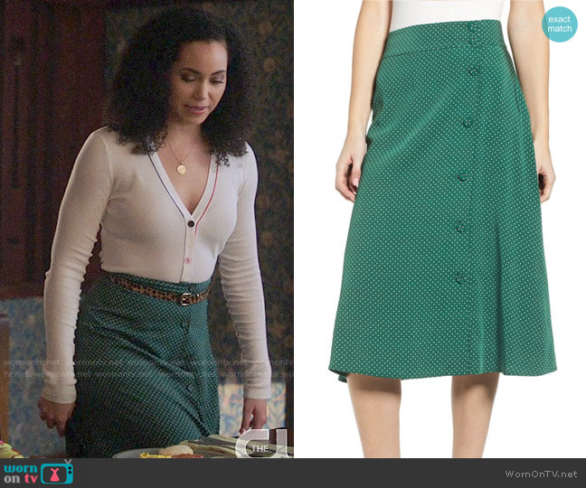 Chelsea28 Print Midi Skirt in Green Eden Dots worn by Macy Vaughn (Madeleine Mantock) on Charmed