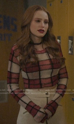 Cheryl’s white and red checked crop sweater on Riverdale