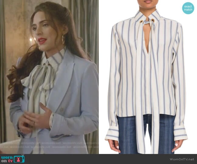 Chloe Tie-Neck Long-Sleeve Striped Silk Blouse worn by Cristal Jennings (Daniella Alonso) on Dynasty