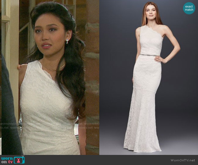DB Studio Scalloped One-Shoulder Lace Sheath Gown worn by Haley Chen (Thia Megia) on Days of our Lives