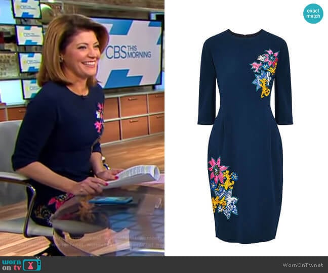 Mary Katrantzou Disney Appliquéd Crepe Dress worn by Norah O'Donnell on CBS Mornings