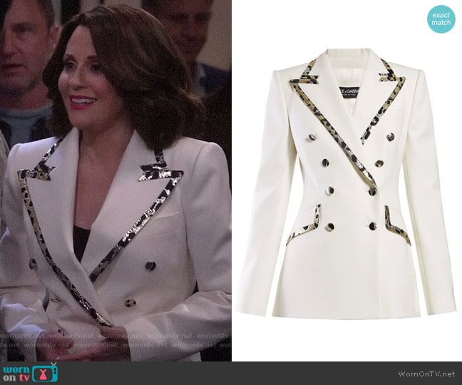 Dolce & Gabbana Leopard-print trim double-breasted crepe blazer worn by Karen Walker (Megan Mullally) on Will and Grace