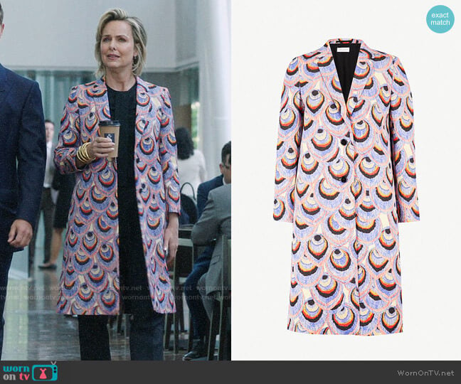 Dries van Noten Peacock metallic-brocade coat worn by Jacqueline (Melora Hardin) on The Bold Type