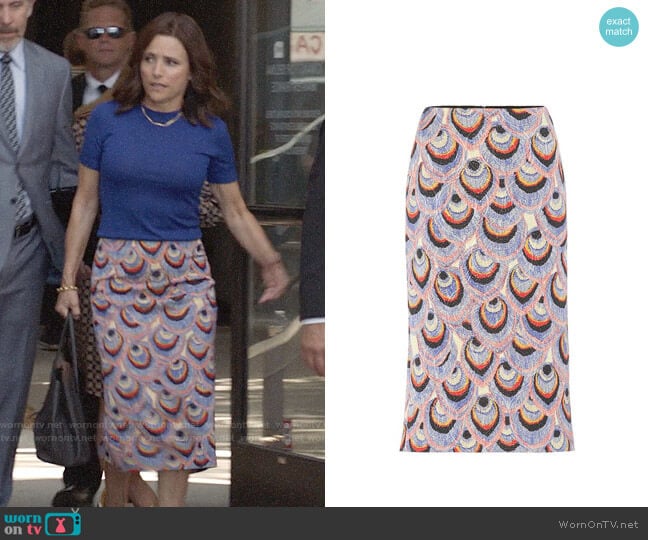 Dries van Noten Peacock Brocade Skirt worn by Selina Meyer (Julia Louis-Dreyfus) on Veep