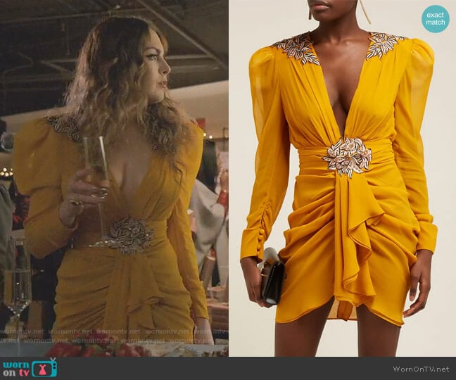 Dundas Floral-Embroidered Silk-Chiffon Mini Dress worn by Fallon Carrington (Elizabeth Gillies) on Dynasty