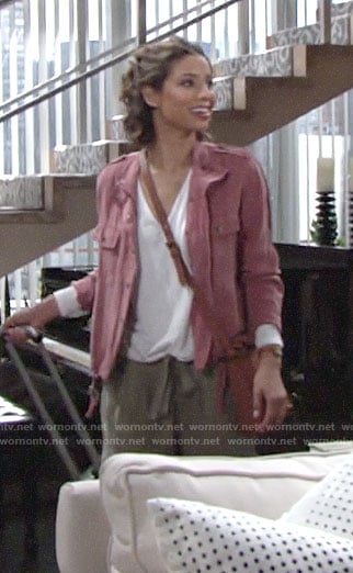 Elena’s pink jacket, white v-neck top, and green cargo pants on The Young and the Restless