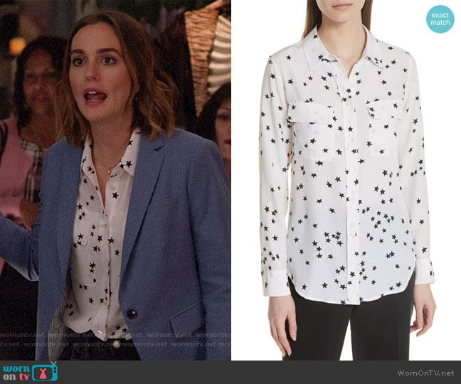 Equipment Starry Night Silk Shirt worn by Angie (Leighton Meester) on Single Parents