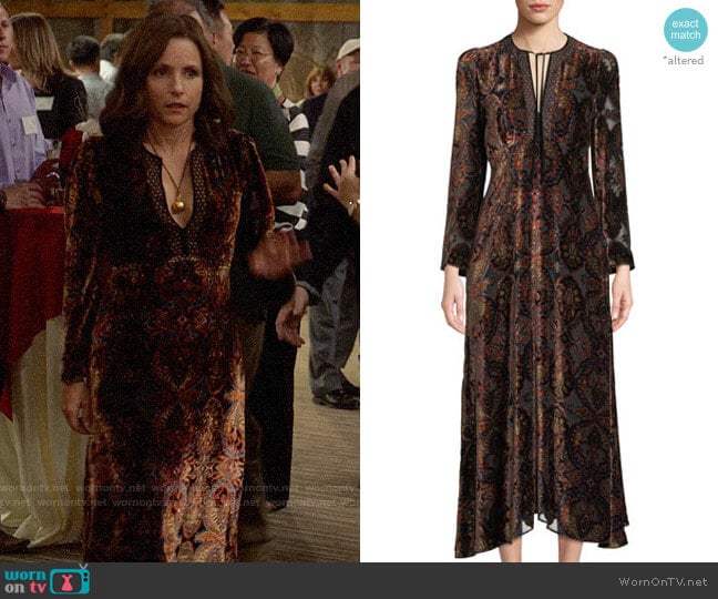 Etro Paisley-Print Velvet A-Line Granny Dress w/ Cravat Trim worn by Selina Meyer (Julia Louis-Dreyfus) on Veep