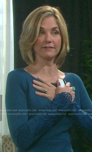 Eve’s teal blue dress with lace cuffs on Days of our Lives