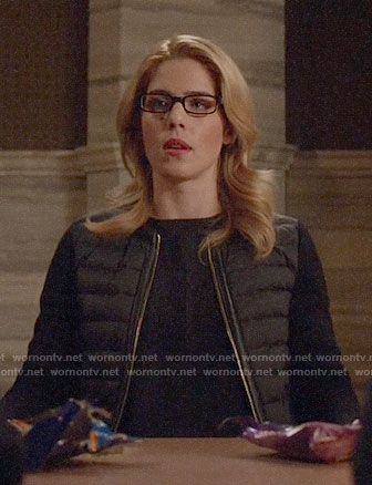 Felicity’s black puffer jacket with leather trim on Arrow