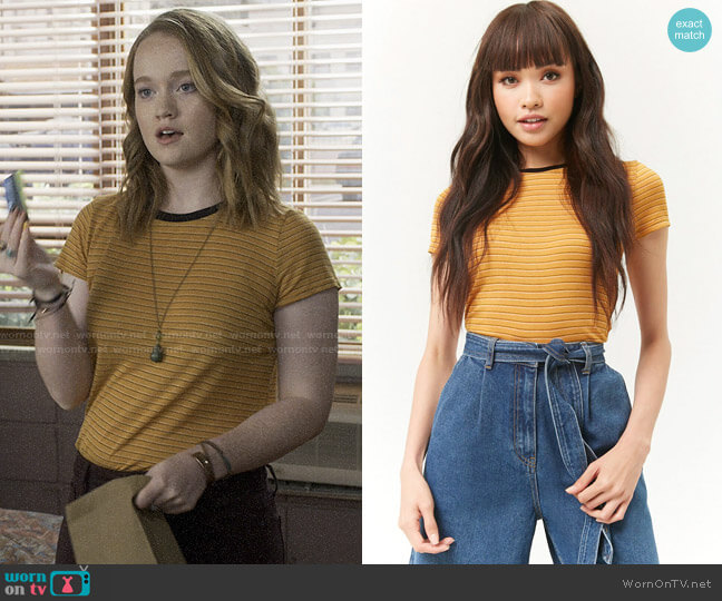 Forever 21 Striped Crew Neck Tee in Mustard / White worn by Abby Hammond (Liv Hewson) on Santa Clarita Diet
