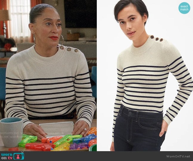 Gap Stripe Button-Shoulder Pullover Sweater in Oatmeal Stripe worn by Rainbow Johnson (Tracee Ellis Ross) on Black-ish