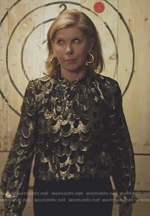 Diane’s metallic ruffled top on The Good Fight