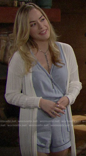 Hope’s blue wrap romper and long white cardigan on The Bold and the Beautiful