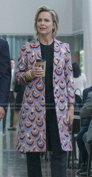 Jacqueline’s peacock feather print coat on The Bold Type